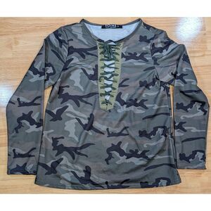 Yoins Camo Lace Up Top Womens Small Green Camouflage Long Sleeve Shirt